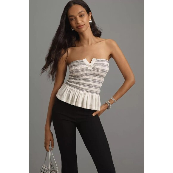 Anthropologie Maeve Smocked Split Tube Blouse Top Strapless Ruffle S NEW 277042 - Picture 2 of 8